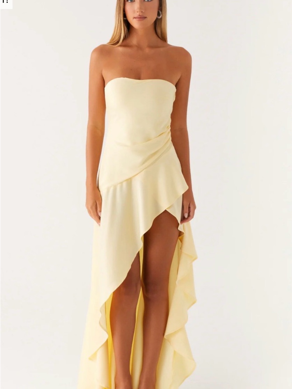 Peppermayo Strapless High-Low Ruffle Dress in Pale Yellow